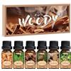 SALKING Oli Essenziali legnosi per Diffusori 6x10ml, Set di Olio Essenziale Puri per Aromaterapia e Massaggi - incenso, legno di cedro, Sandalo, Teak, Cipresso, Patchouli