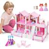 deAO Casa delle Bambole Piccola con 2 Bambole, Mobili e Accessori, Rosa | Plastica, 48×27×34 cm, Villa dei Sogni, 5 Stanze, Terrazza, Giardino, Scivolo, Altalene, Gioco Creativo per Bambine 3+ Anni