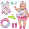 Carreuty Costume da bagno per bambini, 5 pezzi, 43 cm, compatibile con bambole da nuoto da 35-45 cm, stampa colorata, con costume da bagno, anello da nuoto, fascia per capelli, scarpe, grucce per bambole da 35