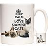 KAZMUGZ Tazza con gatto, Keep Calm and Love Siamese Cats. Tazza regalo in ceramica da 325 ml con gatti, regalo per proprietari di gatti siamesi