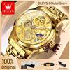 OLEVS 9947 Orologi da Uomo di Lusso, Marca Top, Originali, Impermeabili, al Quarzo, Stile Scheletro Dorato, 24 Ore Giorno/Notte, Novità