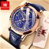 OLEVS 9923 Orologi da uomo Orologio meccanico automatico con fasi lunari per uomo Orologio da polso luminoso impermeabile in pelle blu di lusso