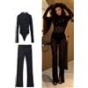 HH Pantaloni da donna in pizzo Set Tute slim Top + Pantaloni a vita alta Tute da donna sexy in pizzo floreale traslucido Y2k