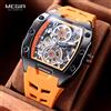 MEGIR 8602 Orologio Automatico Arancione alla Moda per Uomo, Impermeabile, Luminoso, Meccanico, con Quadrante Tonneau Traforato e Cinturino in Silicone