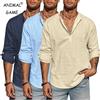 ANIMAL GAME Camicia da uomo in cotone a maniche lunghe con colletto alla coreana in lino t-Shirt leggera e traspirante Streetwear mezza camicia hawaiana grande