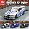 MAKEDA 1/32 Nissan Skyline GTR R34 JDM Giocattolo Modello di Auto Diecast Veicolo In Miniatura Suono e Luce Tirare Indietro Collezione Regalo Per Bambini Ragazzo