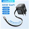ASOMETECH Caricatore USB GaN da 65 W con cavo retrattile di tipo C Caricatore rapido PPS QC4.0 PD3.0 a 3 porte per laptop MacBook iPhone 16 15 14 Xiaomi