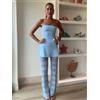 HH Top a tubo senza spalline sottile senza maniche lavorato a maglia chic da donna + pantaloni larghi larghi casual blu cavi in vita elastica Set da 2 pezzi