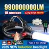 paweinuo 990000000LM Lampada frontale ultra luminosa Torcia frontale ricaricabile Torcia frontale ad alta potenza Lanterna frontale con sensore IR per la caccia alla pesca