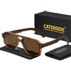 CATERSIDE Occhiali da sole polarizzati da uomo stile pilota UV400 con montatura in TR premium e aste in legno, occhiali da sole retrò quadrati per guida e pesca