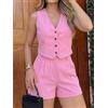 HH Completo Casual da Donna in Due Pezzi: Top con Scollo a V e Bottoni, Shorts a Vita Alta Aderenti, Abbigliamento Quotidiano da Ufficio