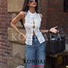 KONDALA Top Sexy Chic in Pizzo Bianco con Fiocco da Donna, Scollo a O, Senza Maniche, Slim Fit, con Spacco Frontale, Moda Primavera Estate 2026, Top Y2K per Ragazze