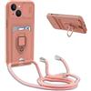 YFSYLL Cover Compatibile con iPhone 13 con Cordino,Custodia con Cordino Silicone Cover,Protezione Fotocamera,360°Anello Supporto,Porta Carte,Pink