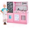 COSTWAY Set da Cucina per Bambini con Lavagna, Telefono, Microonde, Fabbricatore di Ghiaccio, Giocattolo da Cucina in Legno con Accessori e Suoni Simulati per Ragazzi di 3-6 Anni (Rosa)