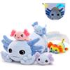 MorisMos Axolotl Peluche 81cm, Blu Axolotl Mamma con 4 Bambino, Notturno Bruciava Realistico Morbido Kawaii Giocattolo di Peluche Regalo per Bambini Compleanno Natale Deco