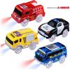 sikkeby Confezione da 4 auto giocattolo traccia auto magiche auto si illuminano al buio per bambini 3-8 anni, auto della polizia, autobus, camion con 5 luci LED, ricambio per giocattoli auto che guida su