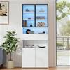 Merax Vetrina in vetro a LED, 200 cm, bianco, con telaio in alluminio, ante in vetro, 2 scomparti aperti e cassetti, armadio sottile per soggiorno, cucina, ufficio