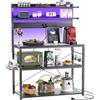iSunirm Scaffale Cucina con Multipresa,Supporto per Forno a Microonde con Striscia Luminosa a LED,Portaoggetti a 5 Ripiani con 6 Ganci per Bar,40 x 80 x 147 cm,Nero