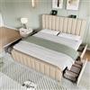 KAZZIO Letto imbottito, doppia testiera imbottita con strisce decorative dorate e funzione di ricarica USB di tipo C, materiale in lino beige con 4 cassetti, portata 226 kg (senza materasso) (180 x