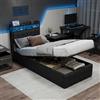 KRYZOR Letto singolo 90 x 200 cm con LED e USB, letto imbottito con stoccaggio idraulico, struttura letto moderna con rete a doghe, in poliuretano (nero, 90 x 200 cm)