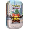 Pokémon Gioco di carte collezionabili: mini scatola di latta Illumina City: Flambirex e Iscalar (2 booster, 1 carta con immagini e 1 foglio di adesivi)