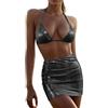 Generisch 2026 2024 Donne Shiny Rave Outfits Bikini Set Reggiseno Top Panty Mini Gonna Metallizzato Costume da bagno Dancewear, Nero , L