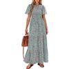 PRETTYGARDEN Women's Summer Casual Round Neck Short Flutter Sleeve Smocked Ruffle Floral Maxi Dress Wedding Guest Dress (Olive Green,Small)