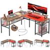 iSunirm Scrivania Gaming a L,140 x 116 x 76 cm Scrivania Angolare Reversibile con LED,Scrivania ad L per Casa Ufficio,Scrivania Computer con 2 Prese e 2 Porte USB,Marrone