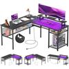 iSunirm Scrivania Gaming a L,140 x 116 x 76 cm Scrivania Angolare Reversibile con LED,Scrivania ad L per Casa Ufficio,Scrivania Computer con 2 Prese e 2 Porte USB, Nera