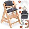 hauck Seggiolone Pappa Alpha Plus con Vassoio per Giochi in Legno, Cuscino - Seggiolone Evolutivo Legno dai 6 mesi - Naturale, Grigio Scuro
