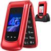 CHAKEYAKE 4G Telefono Cellulare per Anziani,Dual SIM, Flip Telefoni Cellulari con Tasti Grandi, Funzione SOS, Volume alto, 2.4"+1.77" Doppio Display, Torcia, Base (Rosso)