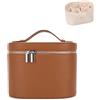 Generic Borsa per il trucco, rotonda in pelle da viaggio, organizer per cosmetici, impermeabile, piccola valigetta con divisori per articoli da toeletta da donna, Marrone, Classico