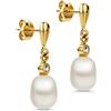 Orovi Orecchini Donna Oro Giallo 14KT Orecchini Pendenti con 2 Perle Coltivate con Zirconi, gioiello anallergico confezionato in un elegante astuccio portagioie