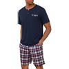 Bresdk Pigiama Estivo Uomo Cotone Corto Maniche Corte con 2 Bottoni a Quadri Pantaloni Pigiami Set Notte Due Pezzi Azzurro XL
