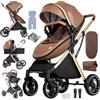Veitoalioy PU Pelle Passeggino 3 in 1 Trio Neonati, Passeggini Per Neonato, Carrozzino multifunzione, Passeggino Pieghevole (V6 Khaki)