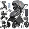 Veitoalioy PU Pelle Passeggino 3 in 1 Trio Neonati, Passeggini Per Neonato, Carrozzino multifunzione, Passeggino Pieghevole (V6 Grey)