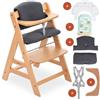 hauck Seggiolone Pappa Alpha Plus con Vassoio per Giochi in Legno, Cuscino - Seggiolone Evolutivo Legno dai 6 mesi - Naturale, Grigio scuro
