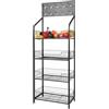 TTISJHK Scaffale per snack a 4 ripiani, colore nero, con ruote e ganci, in metallo con cesti a griglia, da cucina, per frutta, verdura, per supermercato, ufficio, cucina