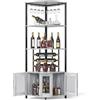 Skokliz Armadietto angolare da bar con supporto in vetro, 4 ripiani, con ante in rete metallica, armadietto per buffet con kit anti-ribaltamento, per casa, caffè, bar, liquori e vino