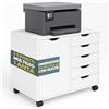 BAKAJI Schedario da Ufficio Porta Stampante con Ruote, Mobiletto Salvaspazio Multiuso con 1 Anta e 5 Cassetti, Mobile Organizer Cassettiera in Legno Versatile per Casa, Studio, Bagno, 78 x 40 x 65.5cm