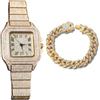 genkigold Orologio con Diamanti per Uomo - Quadrante Quadrato 40mm con Numeri Romani - Placcato in Oro 18K Cinturino 22cm - Quarzo Giapponese - Gioiello di Lusso - Abbinato a Catena Cubana 20cm