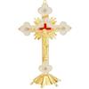 DICOSMETIC Crocifisso in metallo con croce cristiana in piedi, 19,2 x 13 x 1,8 cm, colore bianco dorato, croce da tavolo cattolica con supporto per la decorazione della casa, chiesa, decorazione