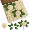 DuHouse 25 rose artificiali con gambi di fiori in schiuma al tatto vero e proprio per bouquet di nozze, baby shower, centrotavola per decorazioni floreali per feste(Champagne chiaro)