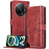 binandteam Cover a Libro per Xiaomi Redmi A3 4G (6.71) con Vetro Temperato,Custodia in Pelle PU Magnetica Flip Porta Carte Wallet Supporto Portafoglio Case - Rot