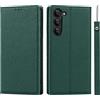 Cavor Cover Compatibile con Samsung Galaxy S23 Custodia con Cordino,Vera Pelle Flip Portafoglio Custodia in Pelle,[3 Porta Carte][Magnetica][RFID-Blocker] Cover Custodia - Verde Scuro