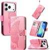 JIUNINE Custodia Protettiva per iPhone 17 Pro, Cover Libro PU Pelle Antiurto Portafoglio con Design Farfalle 3D, Slot per Carte, Supporto Stand Regolabile, Chiusura Magnetica, Rosa