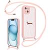 Saqmkil Righe Cover con Cordino per iPhone 15, Estivi Aesthetic Striped Disegni Cane Rosa Ragazze Custodia con Collana Tracolla Laccio Collo Corda, Morbido Silicone Antiurto Case per iPhone 15