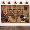 Hnmdmyi 2.4x1.8m Sfondo Western Cowboy Wild West Rustico Casa di legno Fienile Porta Vintage Fotografia Sfondo Bambini Baby Shower Occidentale Compleanno Decorazioni Festa Banner Photo Booth Props