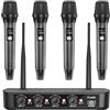 Aveek Sistema di microfoni wireless Aveek con 4 microfoni dinamici portatili, portata lunga di 80 m, batteria da 40 ore, suono da studio a bassa latenza per karaoke, canto, discorsi, chiesa, palcoscenico