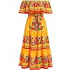 EFOGEP Abito da donna messicano estivo, stile boho, con fiori, drappeggiato, scollato, tradizionale, per festa, abiti bohémien, lunghi, abiti da matrimonio, da spiaggia, da party, con cintura, gold, M